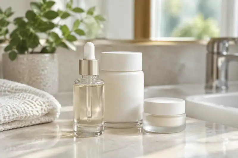 Akışkan serum, nemlendirici ve göz çevresi ürünü banyo tezgâhında yan yana duruyor.