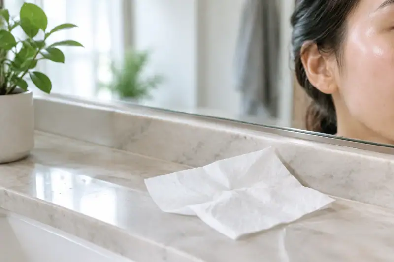 Ürünsüz cilt gözlemi ve peçete testi için hazırlanmış temiz bir banyo düzeni